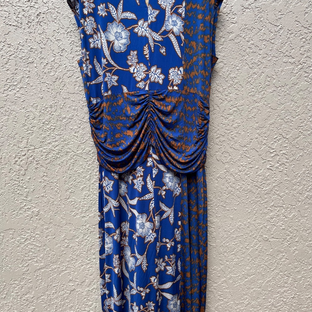 Ruched Waist Midi Dress 2XP Blue Mixed Print Stretch Petite Plus IMAN - Picture 8 of 10